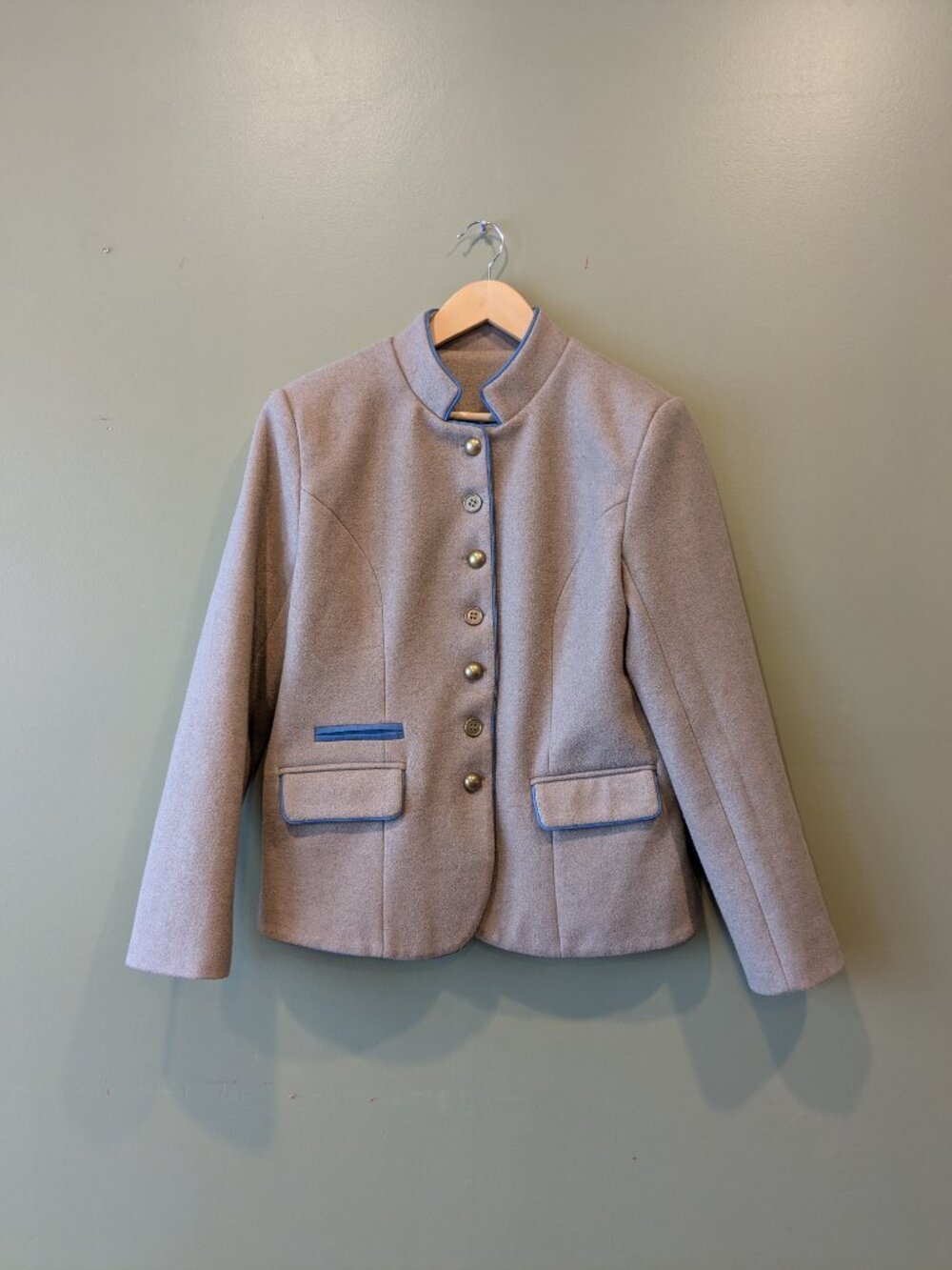 Austrian Janker Jacket Womens L Tan Wool Blue Trim Trachten Alpine Folk Blazer